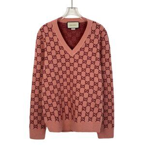 Gucci Pink GG Logo Wool-Cashmere V-Neck Sweater Womens S
